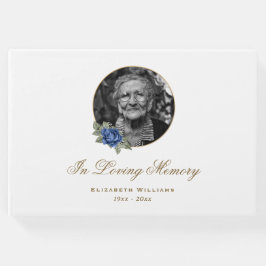 Elegantes White Blue Rose Blumenbeerdigung Foto Gästebuch