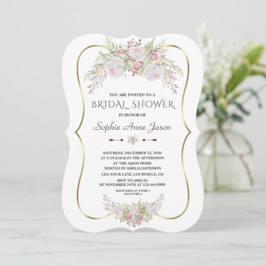 Elegantes White Blume Gold Navy Brautparty Einladung (Stehend Vorderseite)