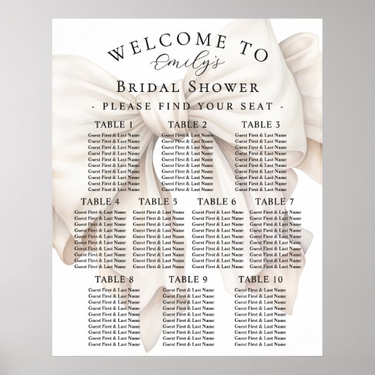 Elegantes White Bow Brautparty Seating Chart Poster (Vorne)