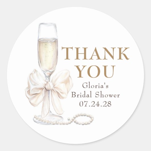 Elegantes White Bow Prosecco Brautparty Vielen Dan Runder Aufkleber (Vorderseite)