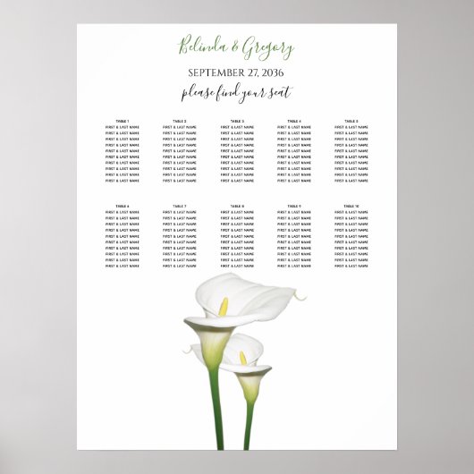 Elegantes White Calla Lilies Hochzeitsdiagramm Poster (Vorne)