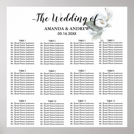 Elegantes White Calla Lily Wedding Seating Chart Poster (Vorne)