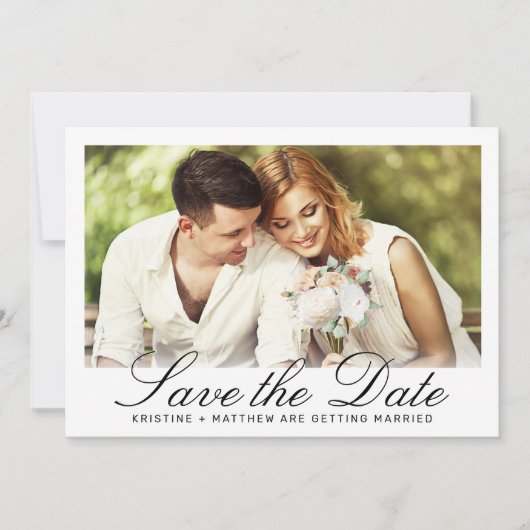 Elegantes White Calligraphy Foto Hochzeit Save The Date (Vorderseite)