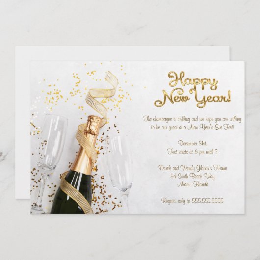 Elegantes White Champagne Silvester Party Einladung (Vorne/Hinten)