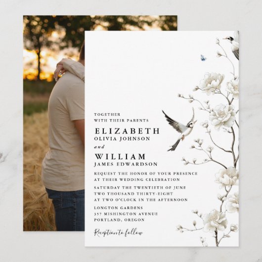 Elegantes White Chinoiserie Blumengestein Foto Einladung (Vorne/Hinten)