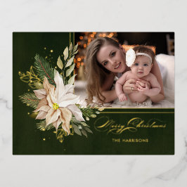 Elegantes White Christmas Blume Kalligraphie Foto Folien Feiertagspostkarte