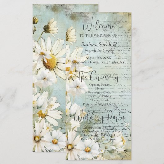 Elegantes White Daisy Wedding Programm (Vorne/Hinten)