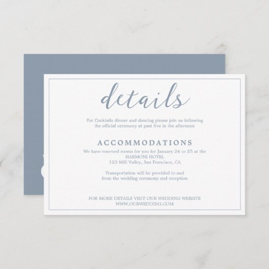 Elegantes White & Dusty Blue Border Script Hochzei Begleitkarte (Vorne/Hinten)