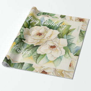 Elegantes White Floral Geburtsname Script Geschenkpapier