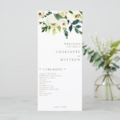 Elegantes White Floral Gold Text Hochzeitsprogramm Menükarte (Stehend Vorderseite)