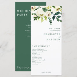 Elegantes White Floral Green & White Wedding Progr Menükarte