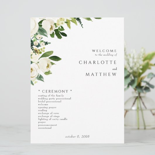 Elegantes White Floral III Hochzeitsprogramm Programm (Stehend Vorderseite)