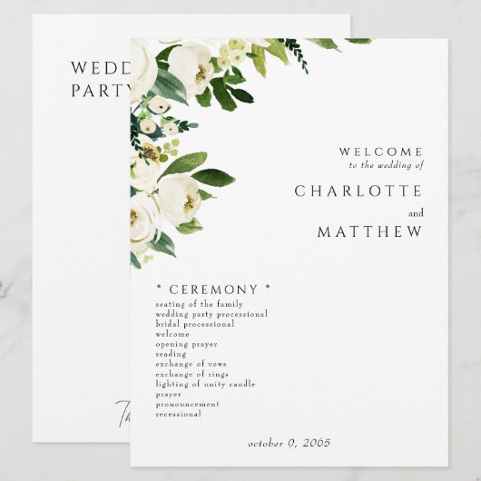 Elegantes White Floral III Hochzeitsprogramm Programm (Vorne/Hinten)