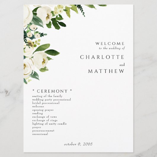 Elegantes White Floral III Hochzeitsprogramm Programm (Vorderseite)