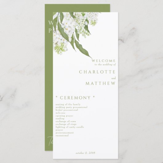 Elegantes White Floral Moss Green Wedding Programm (Vorne/Hinten)