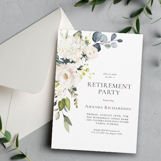 Elegantes White Floral Retirement Party Einladung