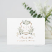 Elegantes White Floral Sage Green Wedding Wappen Dankeskarte (Stehend Vorderseite)