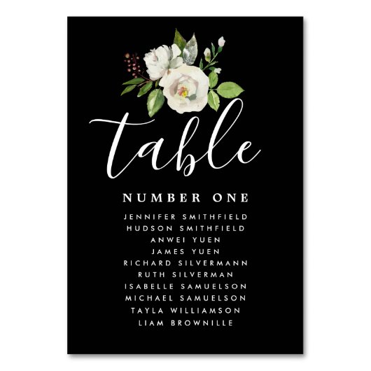 Elegantes White Floral Wedding Guest Seating Chart Tischnummer (Vorderseite)