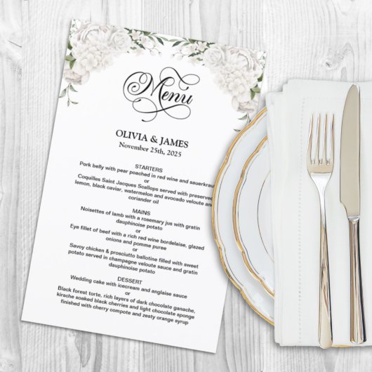 Elegantes White Floral Wedding Menu