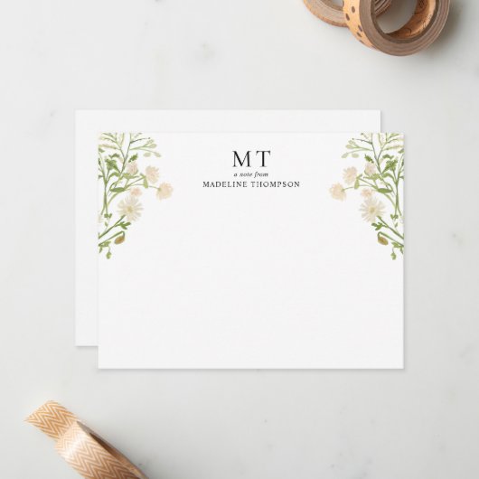 Elegantes White Floral Wildblume Classic Monogramm Mitteilungskarte (Vorderseite/Rückseite Beispiel)