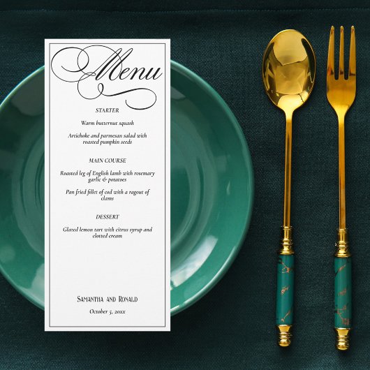 Elegantes White Formal Wedding Menu Einladung