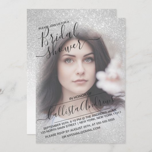 Elegantes White Funkelnd Glitzer Foto Brautparty Einladung (Vorne/Hinten)