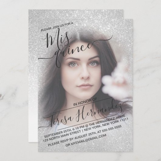 Elegantes White Funkelnd Glitzer Foto Quinceañera Einladung (Vorne/Hinten)