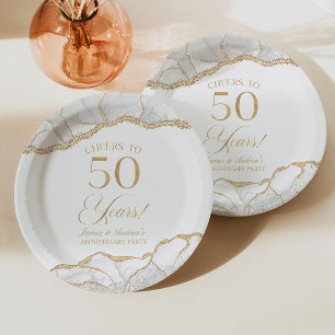 Elegantes White Gold Agate 50-jähriges Party Pappteller