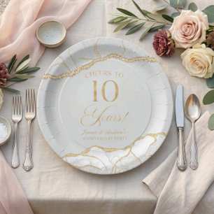 Elegantes White Gold Agate Party zum 10. Jubiläum Pappteller