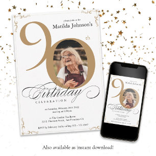 Elegantes White Gold Custom Foto 90. Geburtstag Einladung