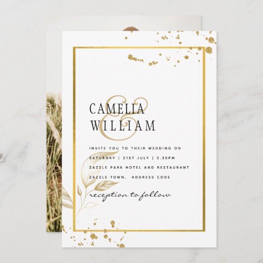 Elegantes White & Gold Foto Einladung zur Hochzeit (Vorne/Hinten)