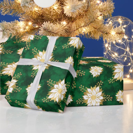 Elegantes White Gold Green Poinsettia Blume Muster Geschenkpapier (Feiertage)