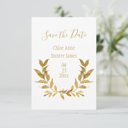 Elegantes White Gold Leaf Modernes Minimalistische Save The Date (Stehend Vorderseite)