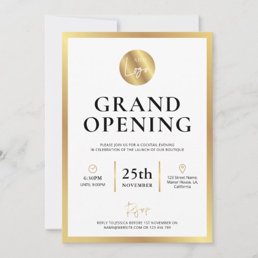 Elegantes White Gold Logo New Business Opening Eve Einladung (Vorderseite)