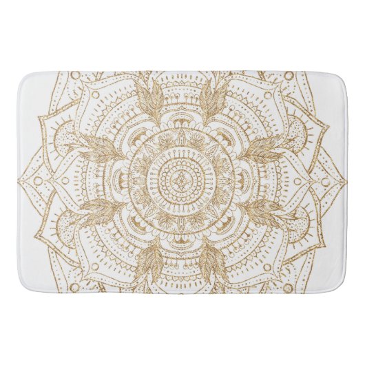 Elegantes White & Gold Mandala Handgezeichnetes De Badematte (Vorderseite)