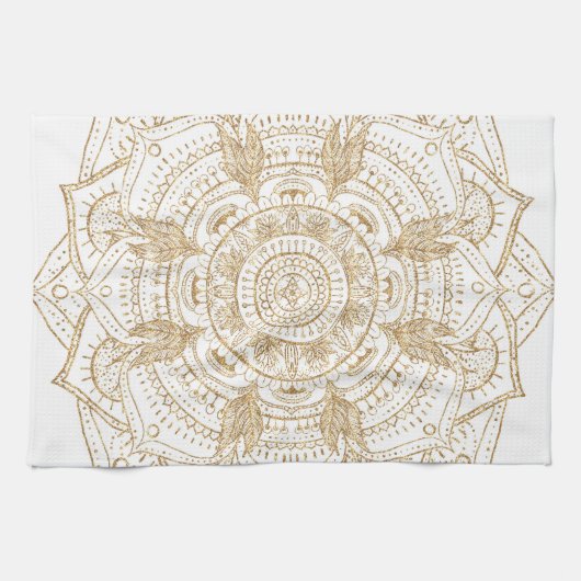 Elegantes White & Gold Mandala Handgezeichnetes De Geschirrtuch (Horizontal)