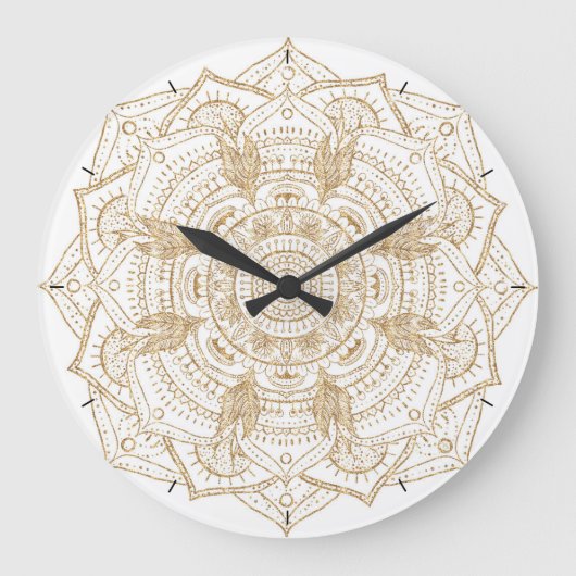 Elegantes White & Gold Mandala Handgezeichnetes De Große Wanduhr (Vorderseite)