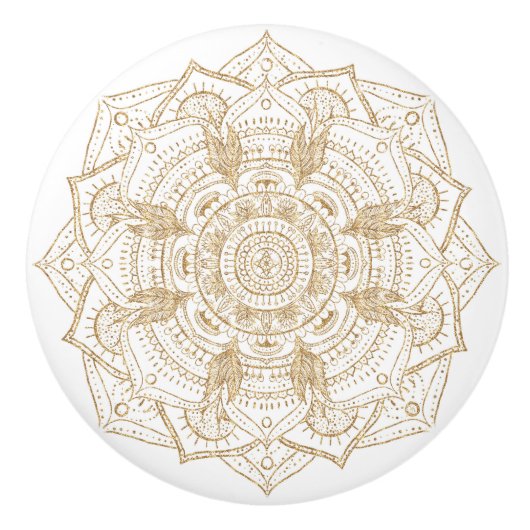 Elegantes White & Gold Mandala Handgezeichnetes De Keramikknauf (Vorderseite)