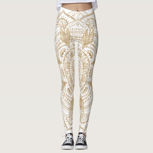 Elegantes White & Gold Mandala Handgezeichnetes De Leggings (Vorderseite)