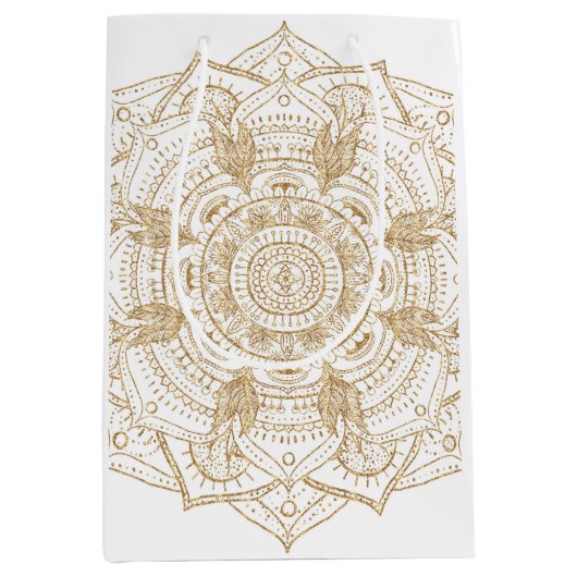 Elegantes White & Gold Mandala Handgezeichnetes De Mittlere Geschenktüte (Vorderseite)