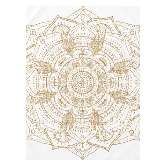 Elegantes White & Gold Mandala Handgezeichnetes De Tischdecke (Vorderseite)