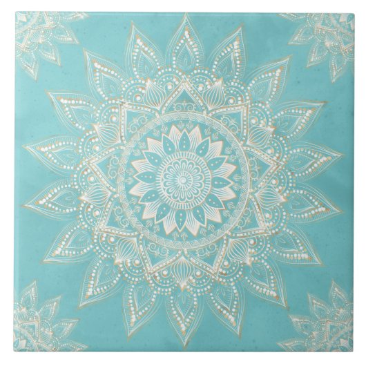 Elegantes White Gold Mandala Sky Blue Design Fliese (Vorderseite)