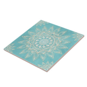 Elegantes White Gold Mandala Sky Blue Design Fliese