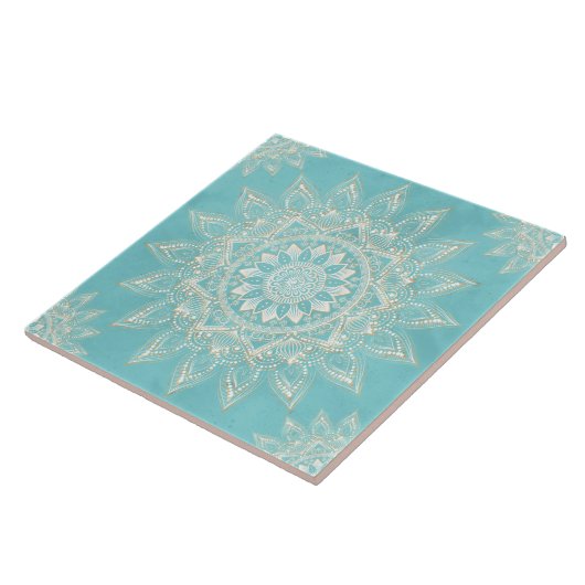 Elegantes White Gold Mandala Sky Blue Design Fliese (Seite)