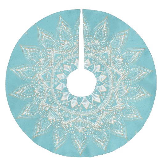 Elegantes White Gold Mandala Sky Blue Design Polyester Weihnachtsbaumdecke (Vorderseite)