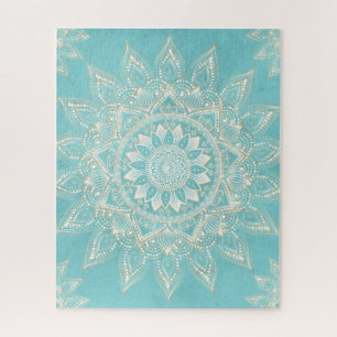 Elegantes White Gold Mandala Sky Blue Design Puzzle
