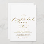 Elegantes White & Gold Neighbhood Ansammlung Party Einladung (Vorne/Hinten)