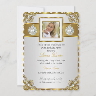 Elegantes White Gold Pearl Damask Foto Geburtstag Einladung