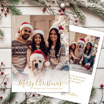 Elegantes White Gold Script 2 Foto Weihnachten<br><div class="desc">Modernes, elegantes White and Gold Script 2 Foto Frohe Weihnachts Script Holiday Card. Dieses festliche, einfache minimalistische, skurrile Zwei-Foto-Urlaubskarten-Template zeigt "Frohe Weihnachten" Grußtext, der in einem wunderschönen handgeschriebenen Wirblen Swash-Schwanz-Schriftart-Kalligraphie-Skript in Gold auf weißem Hintergrund geschrieben ist. Auf der Rückseite mit Ihrer Grußbotschaft mit einem kleinen Herzdoodle auf weiß und einer...</div>