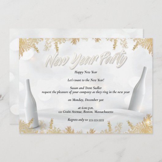 Elegantes White & Gold Silvester Party Einladung (Vorne/Hinten)